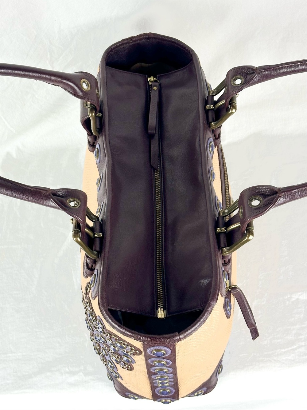 Isabella Fiore ‘Set in Stone’ Jeweled Tote Bag Tan and Brown Leather Trim - Picture 8 of 16
